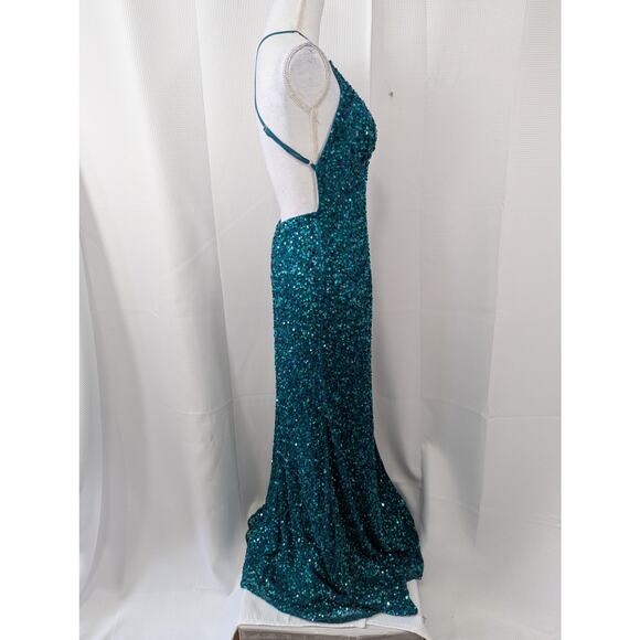 CHANDALIER LOS ANGELES! TEAL SEQUIN EMBELLISHED SHEATH GOWN, THIGH SLIT! SZ 10 - Picture 4 of 10